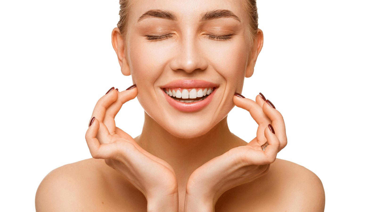 Close up portrait of a woman touching face. Isolated on white